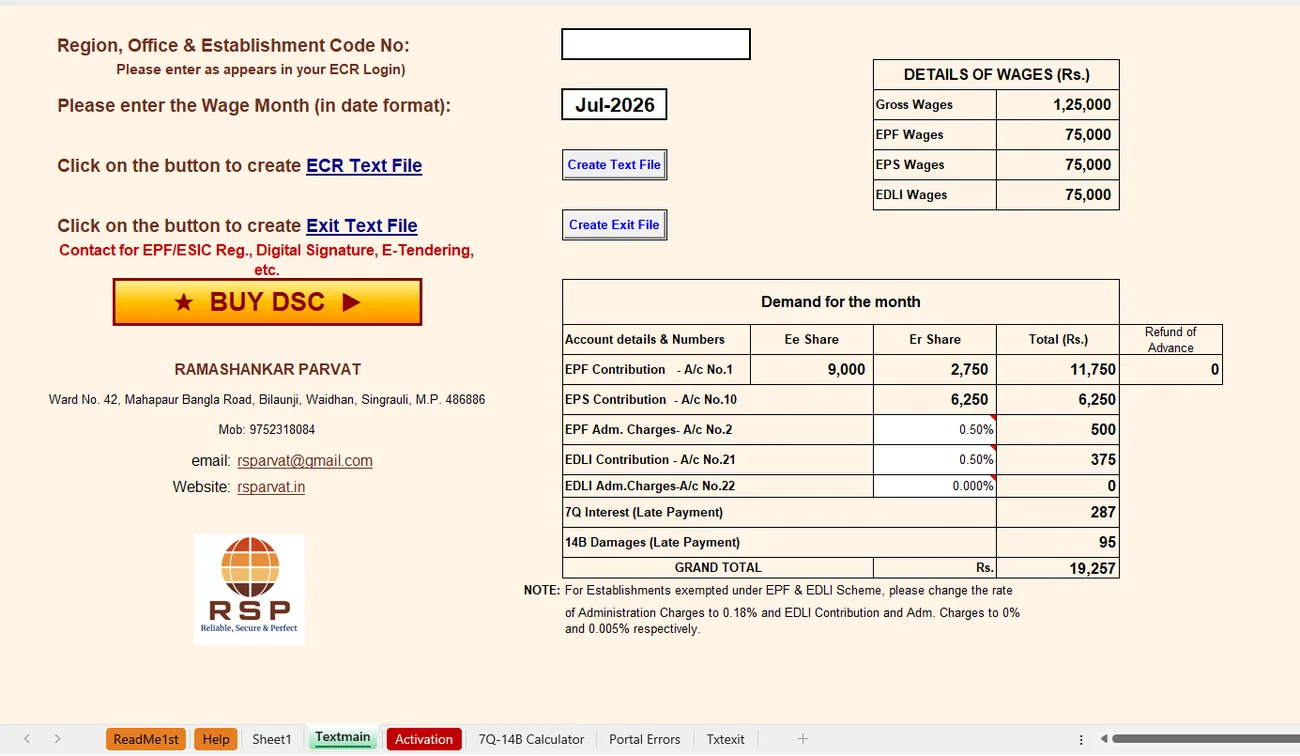 EPF ECR Template Excel sheet screenshot with monthly demand, 7Q interest and 14B damages